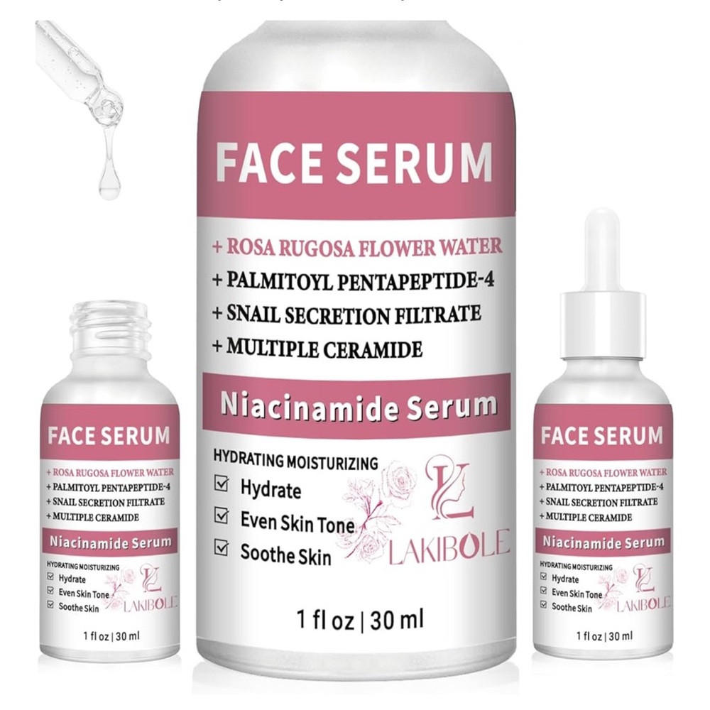 LAKIBOLE 3 Pack 5% Niacinamide Serum with 5% Damascus‎ Rose Floral Water